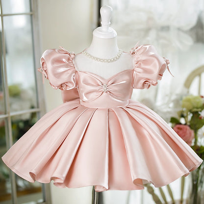 Pink satin flower girl dress hotsell