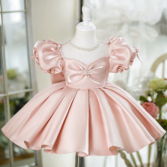 Princess Pink Satin Back Zip Baptism Bow(s) Tea Length Short Sleeve Puff Sleeve Jewel Neck Flower Girl Dress