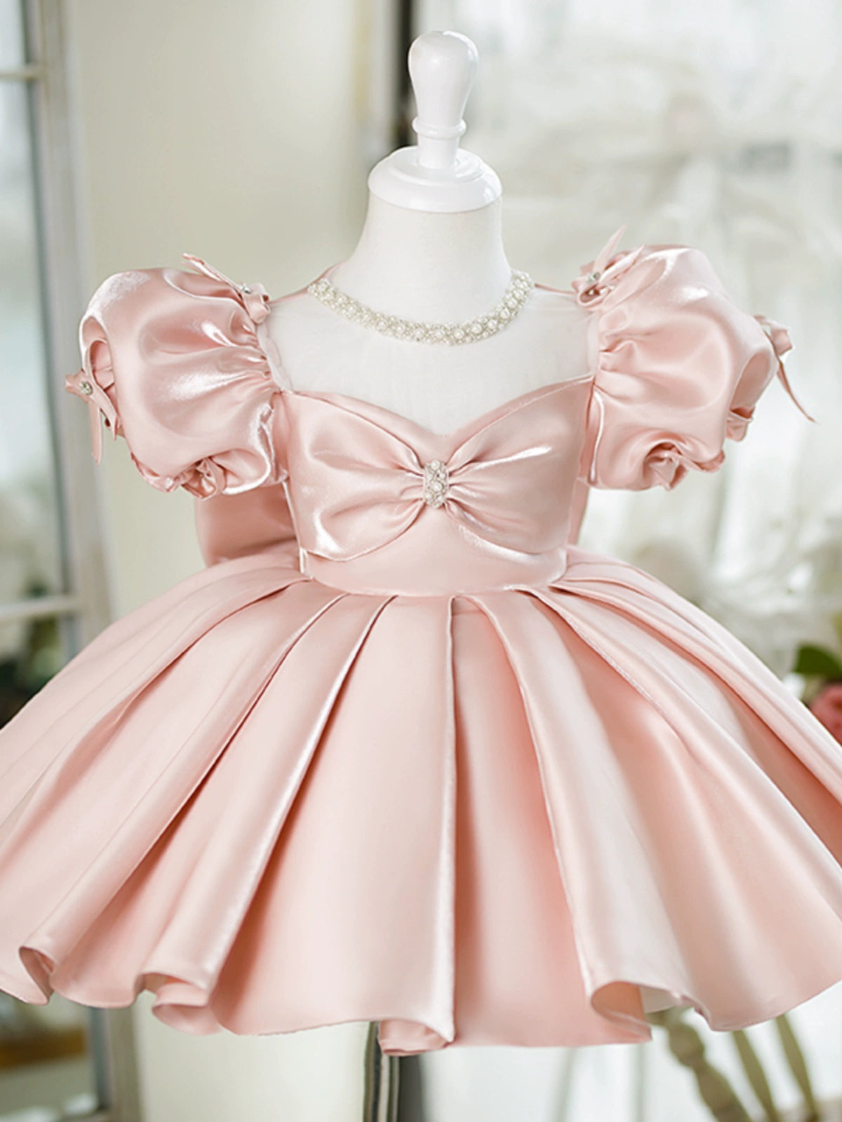 Princess Pink Satin Back Zip Baptism Bow(s) Tea Length Short Sleeve Puff Sleeve Jewel Neck Flower Girl Dress