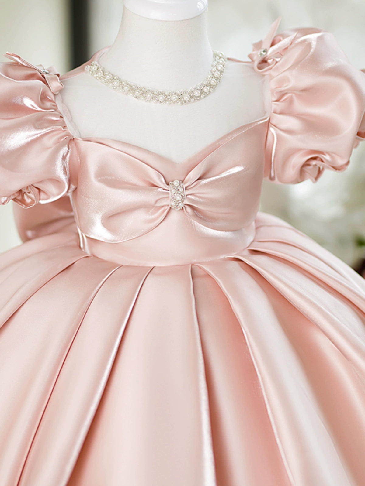 Princess Pink Satin Back Zip Baptism Bow(s) Tea Length Short Sleeve Puff Sleeve Jewel Neck Flower Girl Dress