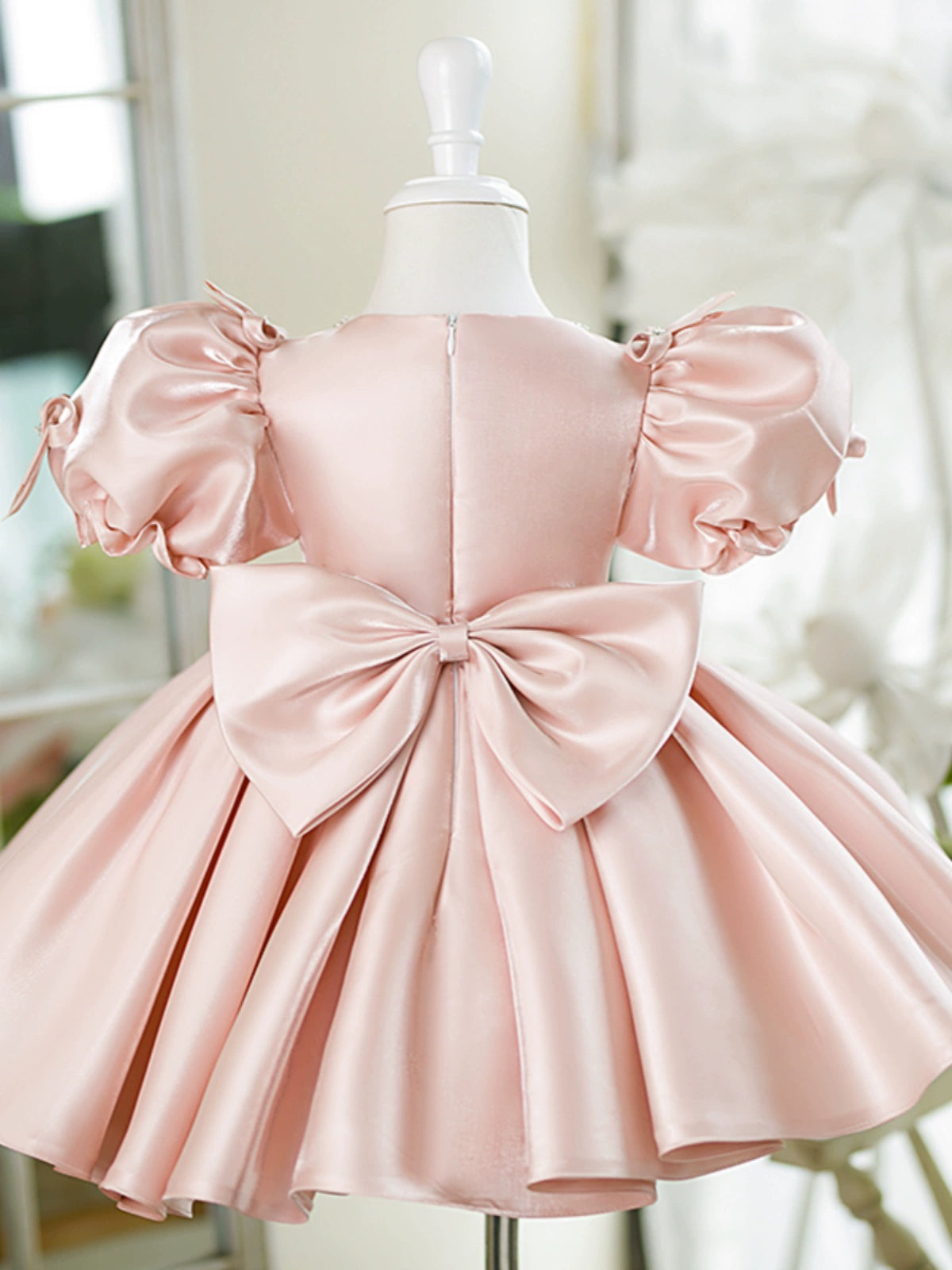 Princess Pink Satin Back Zip Baptism Bow(s) Tea Length Short Sleeve Puff Sleeve Jewel Neck Flower Girl Dress