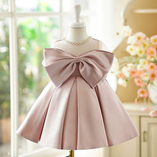 Princess Pink Satin Back Zip Baptism Bow(s) Tea Length Sleeveless Jewel Neck Flower Girl Dress