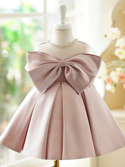 Princess Pink Satin Back Zip Baptism Bow(s) Tea Length Sleeveless Jewel Neck Flower Girl Dress