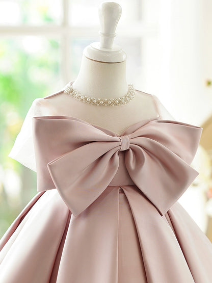 Princess Pink Satin Back Zip Baptism Bow(s) Tea Length Sleeveless Jewel Neck Flower Girl Dress