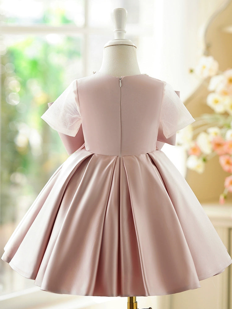 Princess Pink Satin Back Zip Baptism Bow(s) Tea Length Sleeveless Jewel Neck Flower Girl Dress