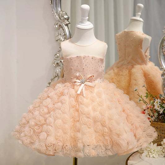 Princess Pink Satin Back Zip Baptism Flower(s) Tea Length Sleeveless Round Flower Girl Dress