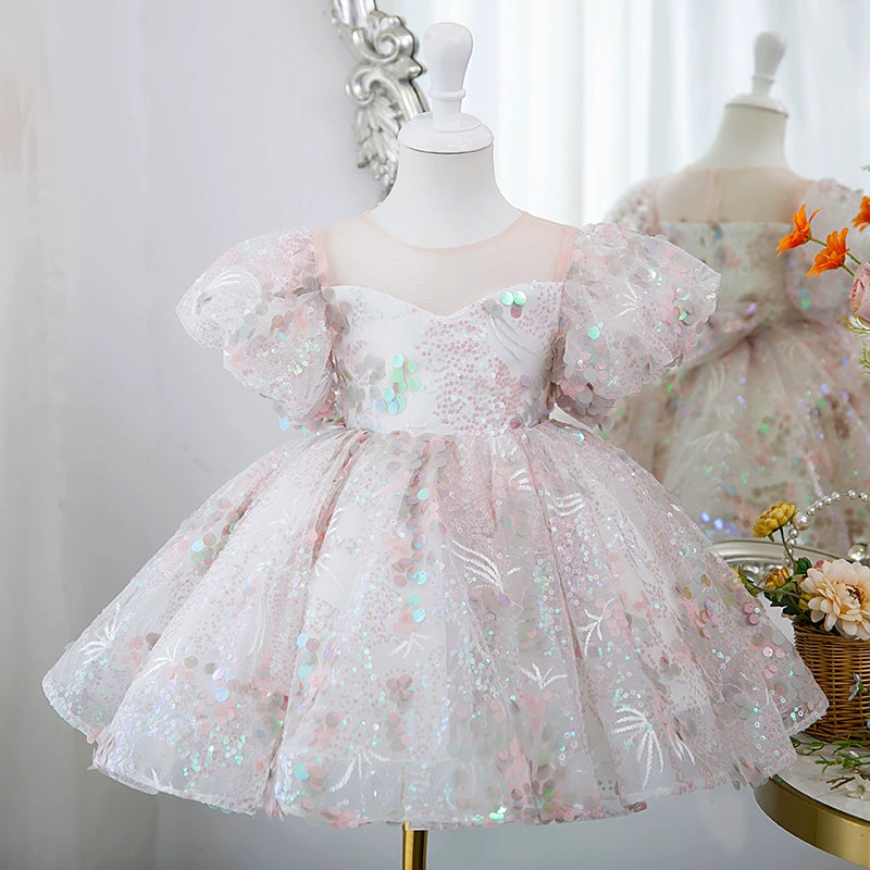 Princess Pink Sequined Back Zip Baptism Sequins Short Short Sleeve Puff Sleeve Boat Neck Flower Girl Dress