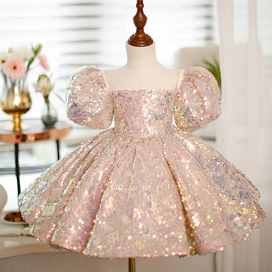 Princess Pink Sequined Back Zip Baptism Sequins Tea Length Short Sleeve Puff Sleeve Round Flower Girl Dress