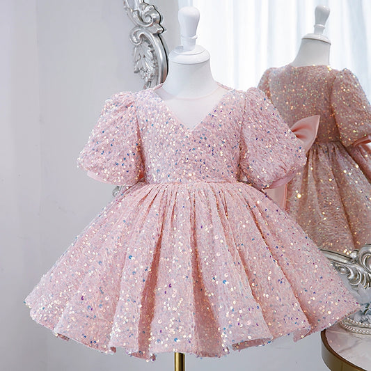 Princess Pink Sequined Back Zip Baptism Sequins Tea Length Short Sleeve Puff Sleeve V-Neck Flower Girl Dress