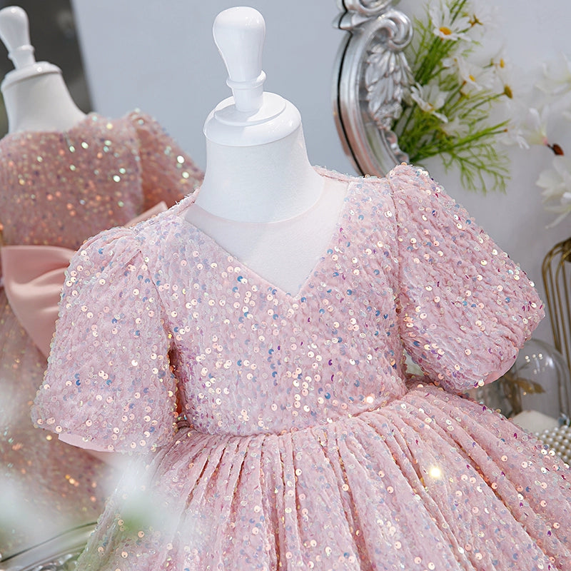 Princess Pink Sequined Back Zip Baptism Sequins Tea Length Short Sleeve Puff Sleeve V-Neck Flower Girl Dress