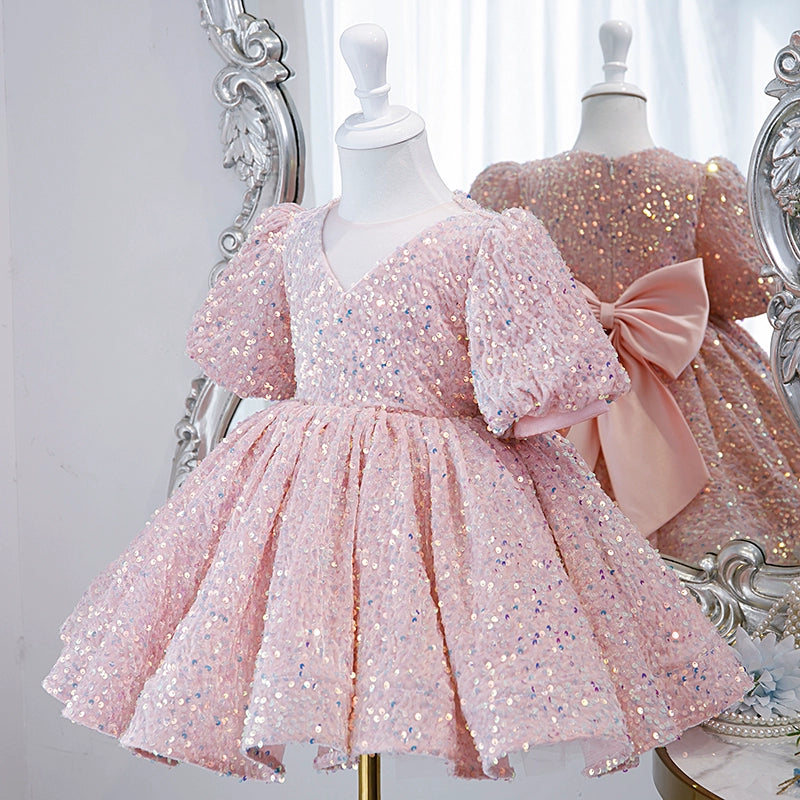 Princess Pink Sequined Back Zip Baptism Sequins Tea Length Short Sleeve Puff Sleeve V-Neck Flower Girl Dress