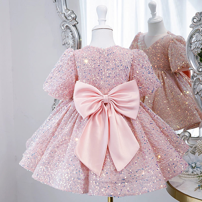 Princess Pink Sequined Back Zip Baptism Sequins Tea Length Short Sleeve Puff Sleeve V-Neck Flower Girl Dress