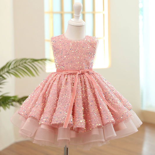 Princess Pink Sequined Back Zip Baptism Sequins Tea Length Sleeveless Round Flower Girl Dress