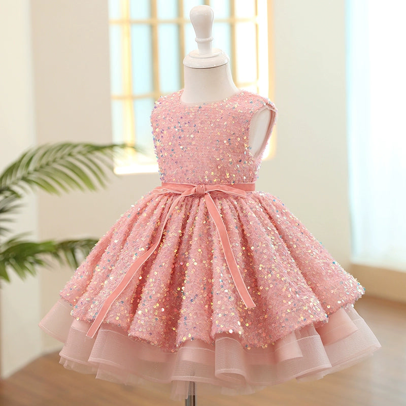 Princess Pink Sequined Back Zip Baptism Sequins Tea Length Sleeveless Round Flower Girl Dress