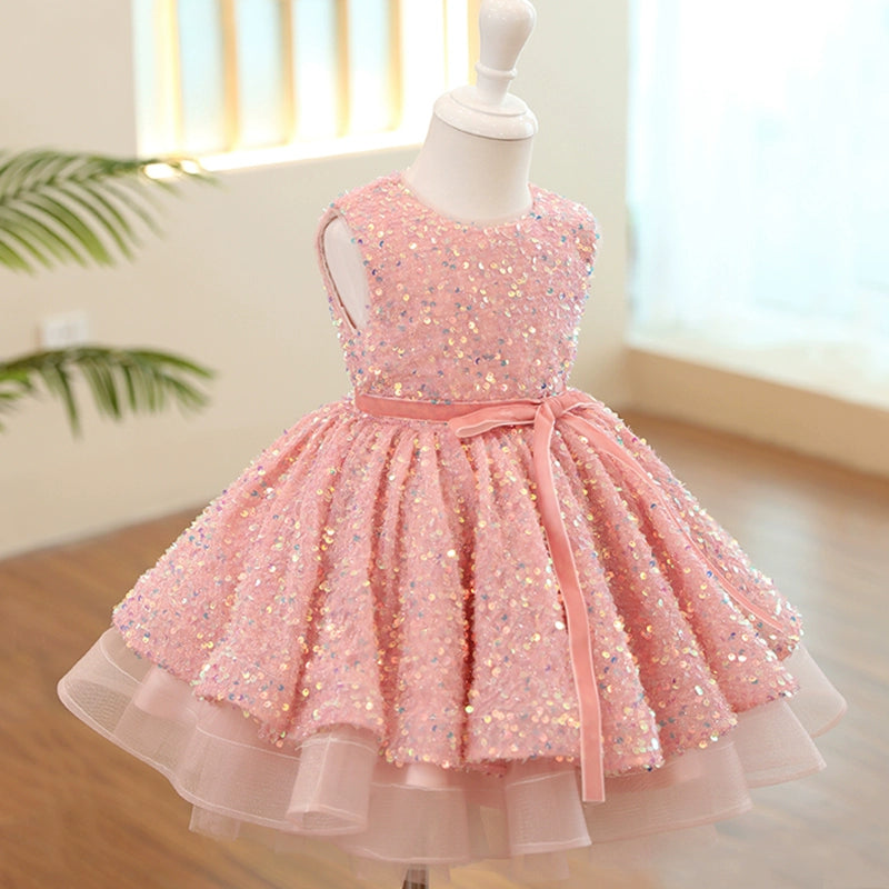 Princess Pink Sequined Back Zip Baptism Sequins Tea Length Sleeveless Round Flower Girl Dress