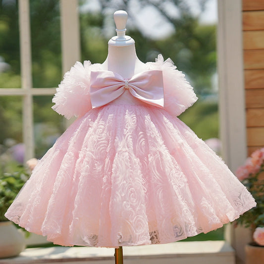 Princess Pink Tulle Back Zip Baptism Bow(s) Tea Length Short Sleeve Puff Sleeve Round Flower Girl Dress