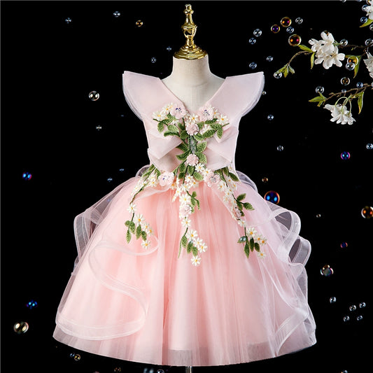 Princess Pink Tulle Back Zip Baptism Flower(s) Tea Length Short Sleeve Cap Sleeve V-Neck Flower Girl Dress