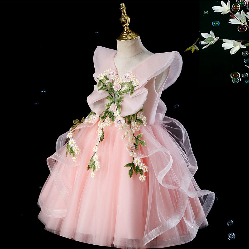 Princess Pink Tulle Back Zip Baptism Flower(s) Tea Length Short Sleeve Cap Sleeve V-Neck Flower Girl Dress