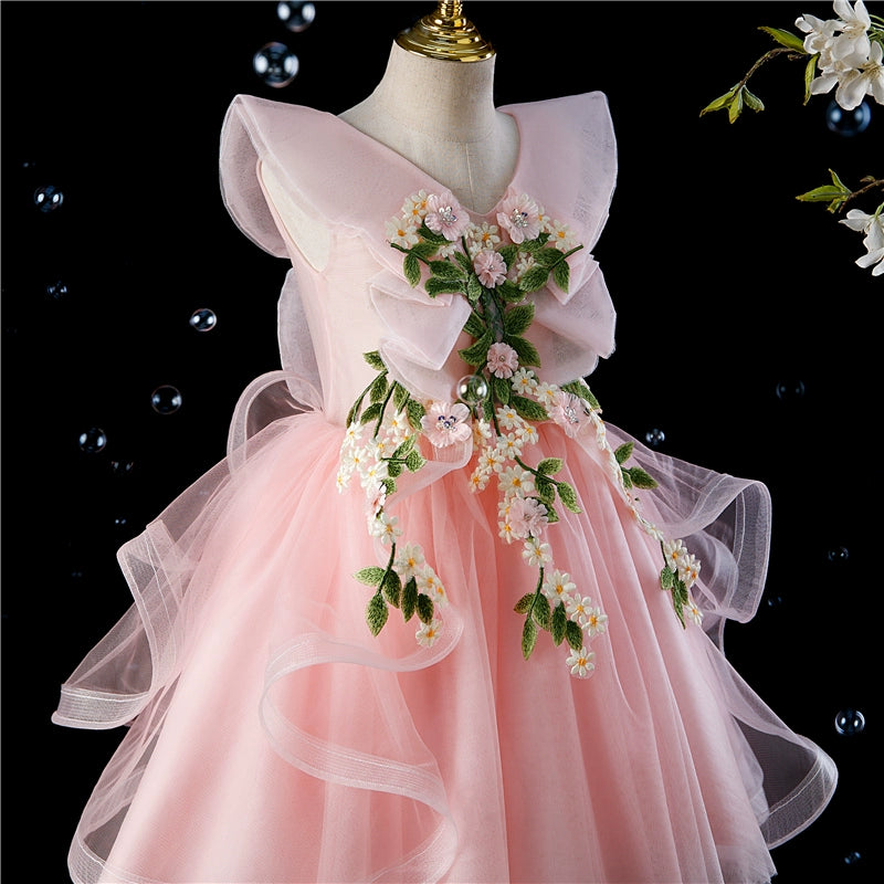 Princess Pink Tulle Back Zip Baptism Flower(s) Tea Length Short Sleeve Cap Sleeve V-Neck Flower Girl Dress