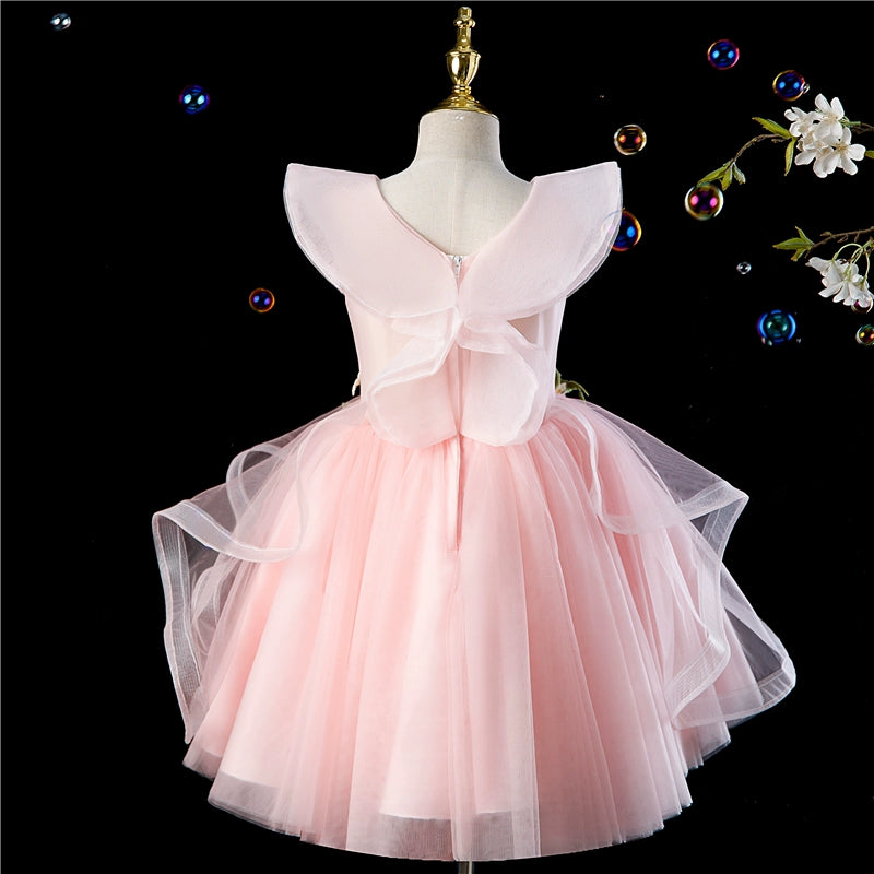 Princess Pink Tulle Back Zip Baptism Flower(s) Tea Length Short Sleeve Cap Sleeve V-Neck Flower Girl Dress