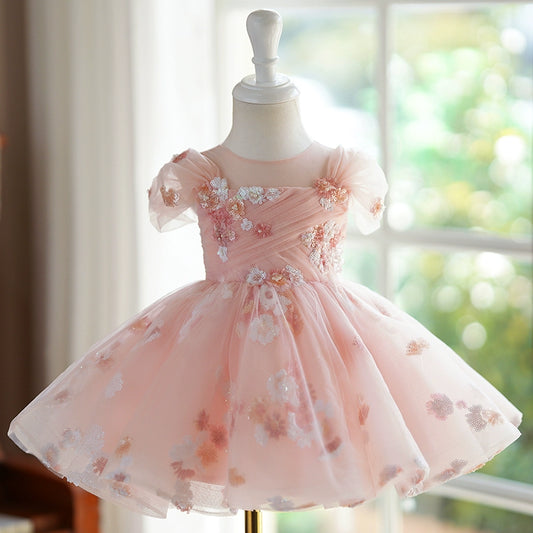 Princess Pink Tulle Back Zip Baptism Flower(s) Tea Length Short Sleeve Puff Sleeve Round Flower Girl Dress