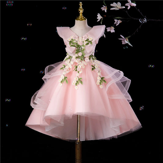 Princess Pink Tulle Back Zip Baptism Lace Tea Length Short Sleeve Cap Sleeve V-Neck Flower Girl Dress