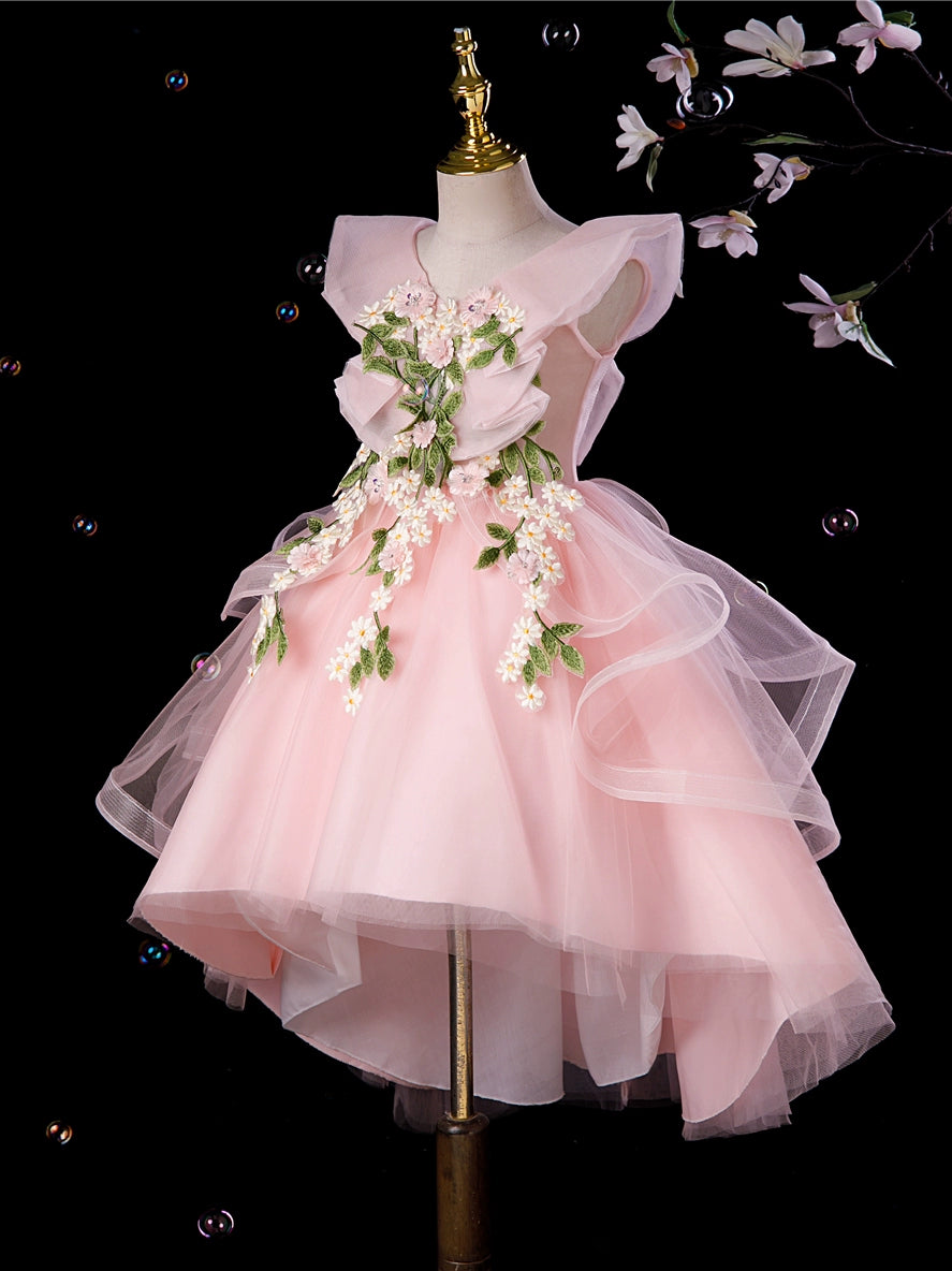 Princess Pink Tulle Back Zip Baptism Lace Tea Length Short Sleeve Cap Sleeve V-Neck Flower Girl Dress