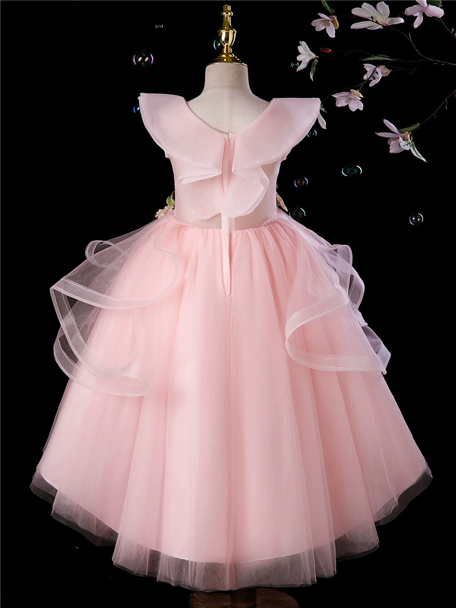 Princess Pink Tulle Back Zip Baptism Lace Tea Length Short Sleeve Cap Sleeve V-Neck Flower Girl Dress