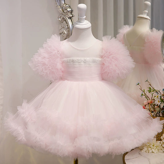 Princess Pink Tulle Back Zip Baptism Tea Length Short Sleeve Puff Sleeve Round Flower Girl Dress