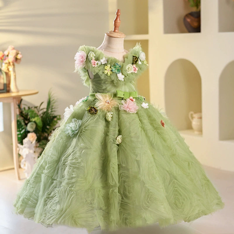 Princess Sage Green Tulle Crossed Straps Baptism Flower(s) Floor Length Sleeveless Round Flower Girl Dress