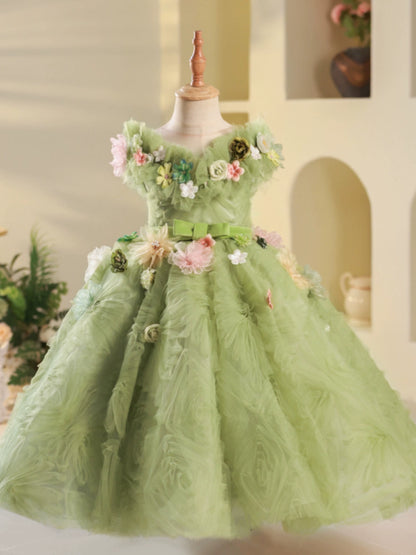 Princess Sage Green Tulle Crossed Straps Baptism Flower(s) Floor Length Sleeveless Round Flower Girl Dress