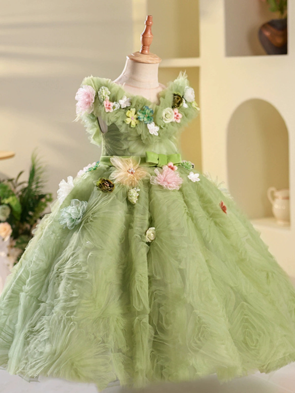 Princess Sage Green Tulle Crossed Straps Baptism Flower(s) Floor Length Sleeveless Round Flower Girl Dress