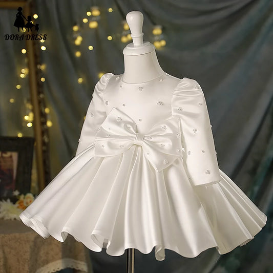 Princess Satin Back Zip Baptism Bow(s) Tea Length Long Sleeve Round Flower Girl Dress