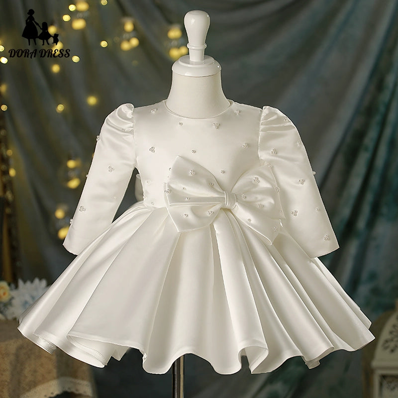 Princess Satin Back Zip Baptism Bow(s) Tea Length Long Sleeve Round Flower Girl Dress
