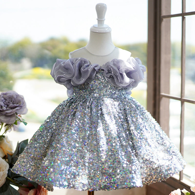 Princess Silver Sequined Baptism Sequins Tea Length Sleeveless Cold Shoulder Sleeve Round Flower Girl Dress