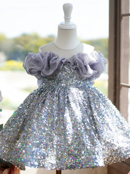 Princess Silver Sequined Baptism Sequins Tea Length Sleeveless Cold Shoulder Sleeve Round Flower Girl Dress