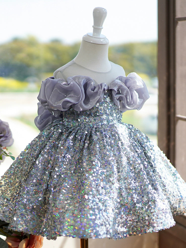 Princess Silver Sequined Baptism Sequins Tea Length Sleeveless Cold Shoulder Sleeve Round Flower Girl Dress