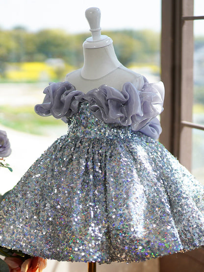 Princess Silver Sequined Baptism Sequins Tea Length Sleeveless Cold Shoulder Sleeve Round Flower Girl Dress