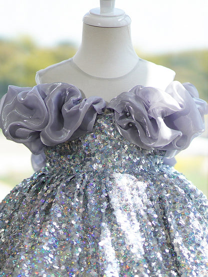 Princess Silver Sequined Baptism Sequins Tea Length Sleeveless Cold Shoulder Sleeve Round Flower Girl Dress