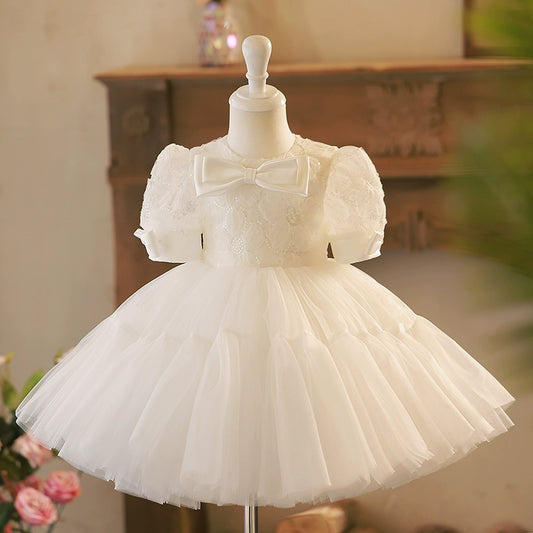 Princess White Lace Back Zip Baptism Bow(s) Tea Length Short Sleeve Puff Sleeve Round Flower Girl Dress