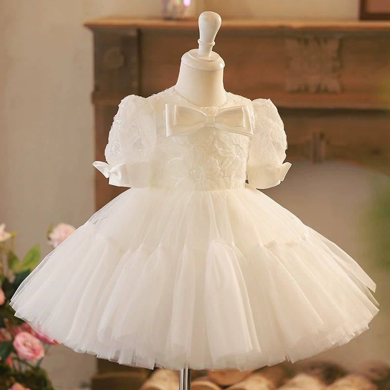 Princess White Lace Back Zip Baptism Bow(s) Tea Length Short Sleeve Puff Sleeve Round Flower Girl Dress