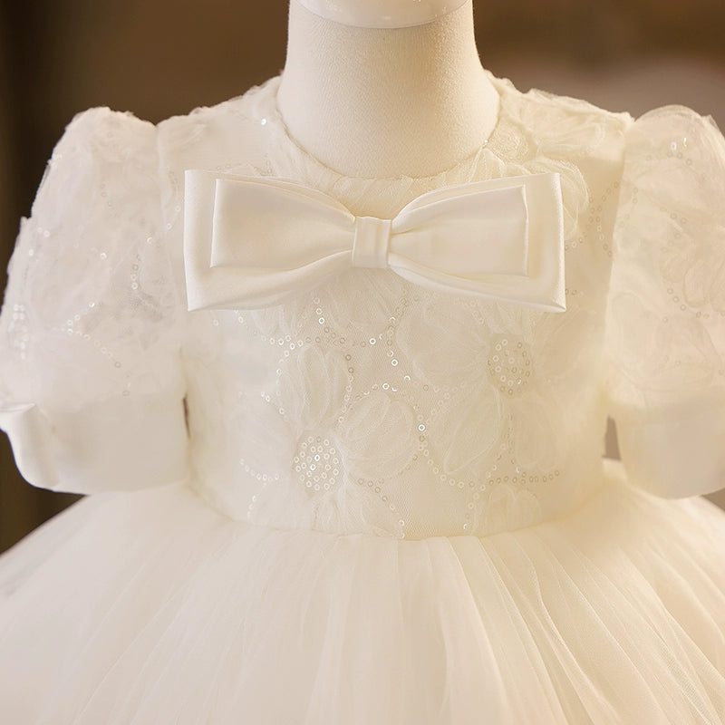 Princess White Lace Back Zip Baptism Bow(s) Tea Length Short Sleeve Puff Sleeve Round Flower Girl Dress