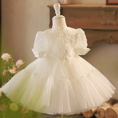 Princess White Lace Back Zip Baptism Bow(s) Tea Length Short Sleeve Puff Sleeve Round Flower Girl Dress