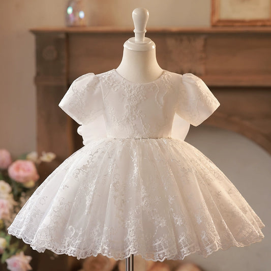 Princess White Lace Back Zip Baptism Lace Short Short Sleeve Puff Sleeve Round Flower Girl Dress