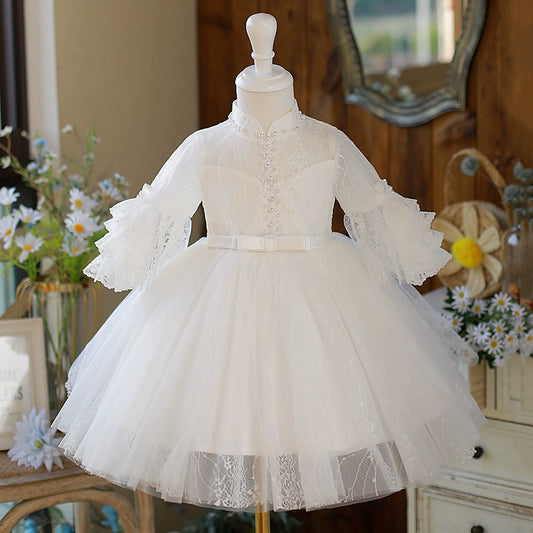 Princess White Lace Back Zip Baptism Lace Tea Length Long Sleeve Bell Sleeve Mock Neck Flower Girl Dress