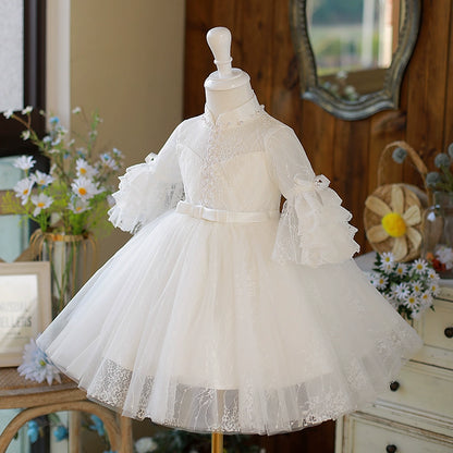 Princess White Lace Back Zip Baptism Lace Tea Length Long Sleeve Bell Sleeve Mock Neck Flower Girl Dress