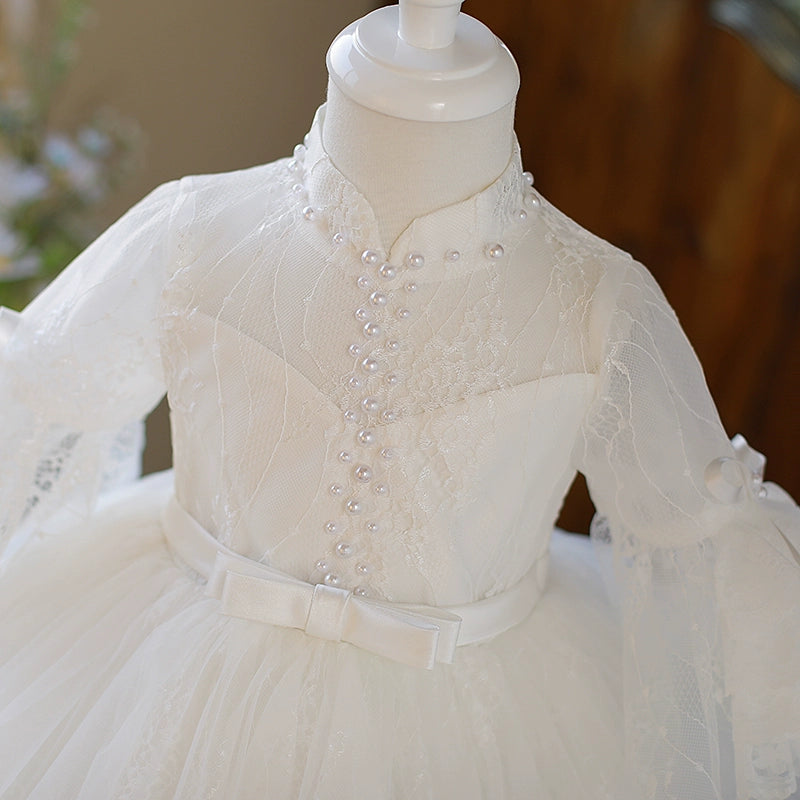 Princess White Lace Back Zip Baptism Lace Tea Length Long Sleeve Bell Sleeve Mock Neck Flower Girl Dress