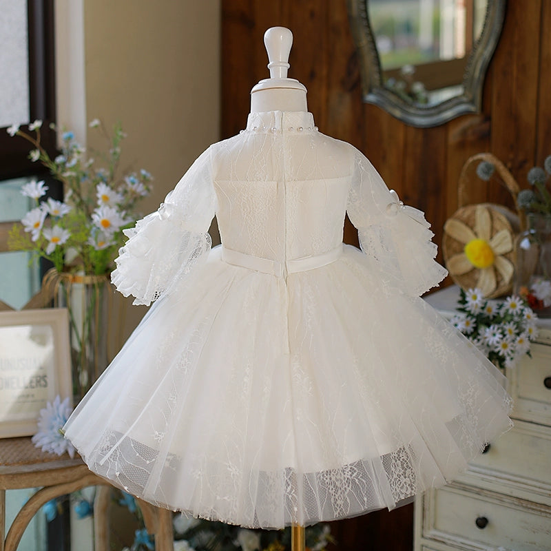 Princess White Lace Back Zip Baptism Lace Tea Length Long Sleeve Bell Sleeve Mock Neck Flower Girl Dress