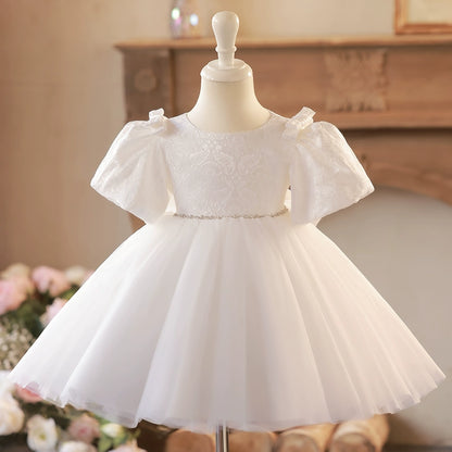 Princess White Lace Back Zip Baptism Lace Tea Length Short Sleeve Puff Sleeve Round Flower Girl Dress