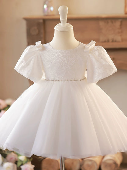 Princess White Lace Back Zip Baptism Lace Tea Length Short Sleeve Puff Sleeve Round Flower Girl Dress